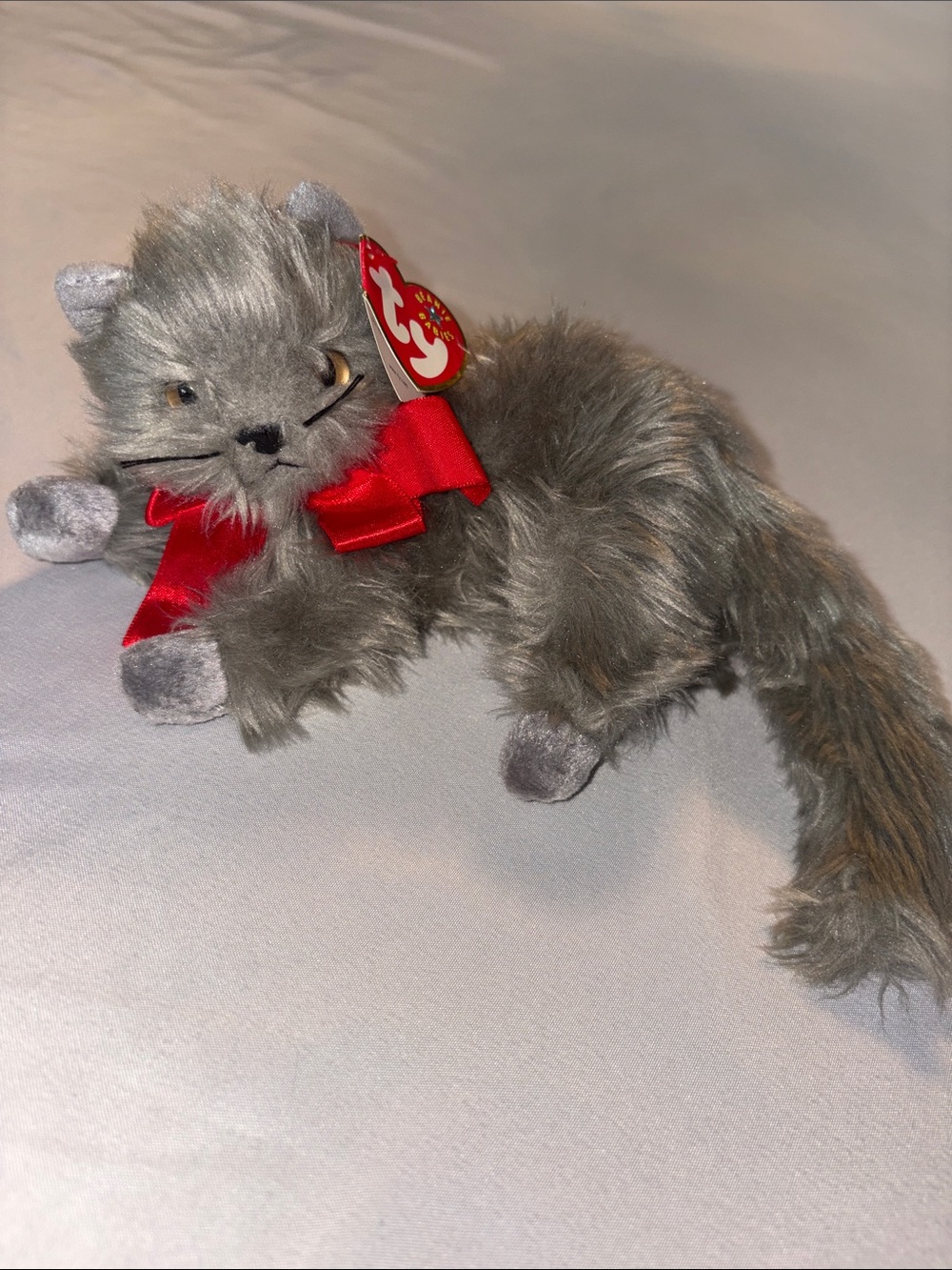 Ty “Beani” Gray Plush Kitten with Red Bow